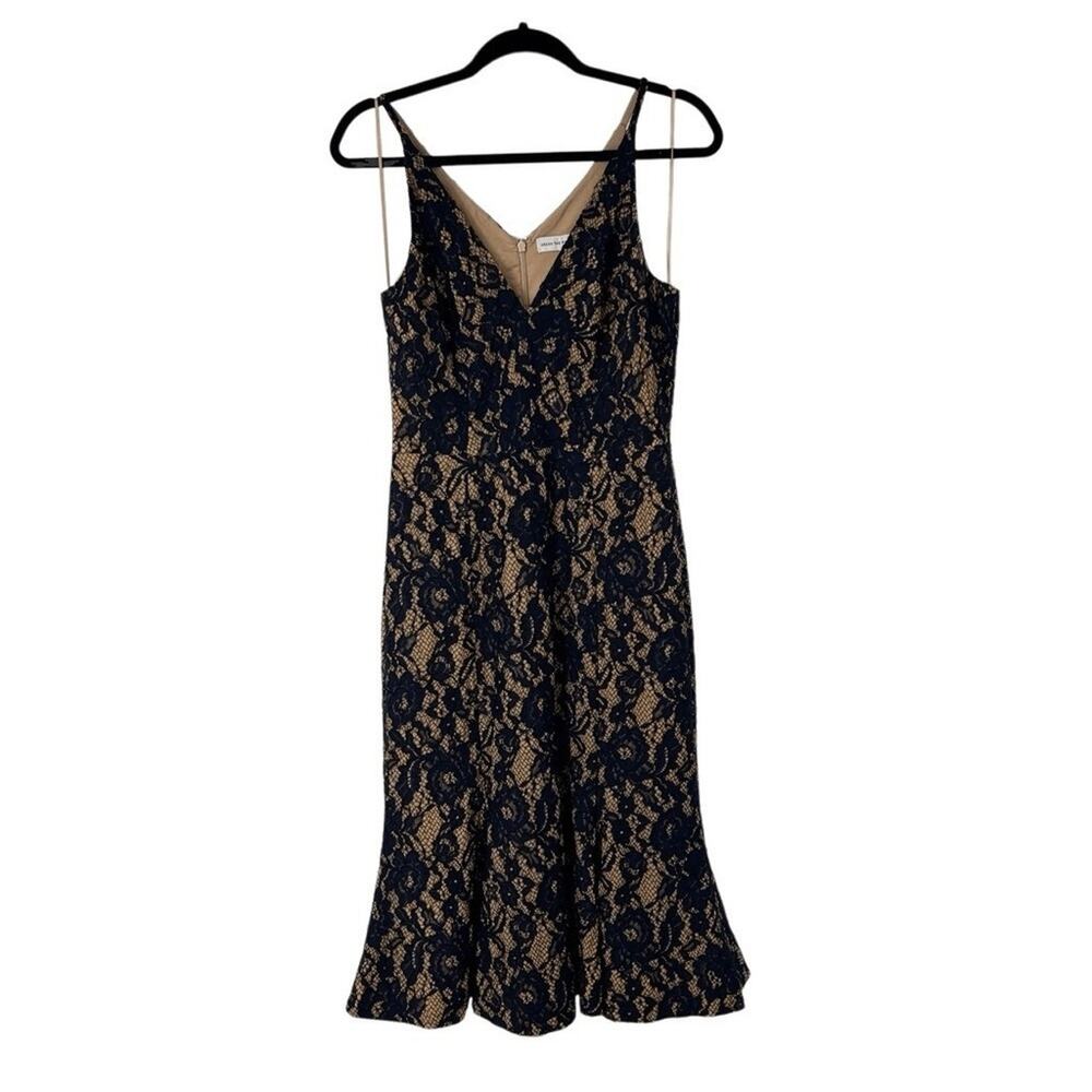 Dress the Population Isabelle M Navy Nude Plunging Mermaid Fitted Sexy Womens